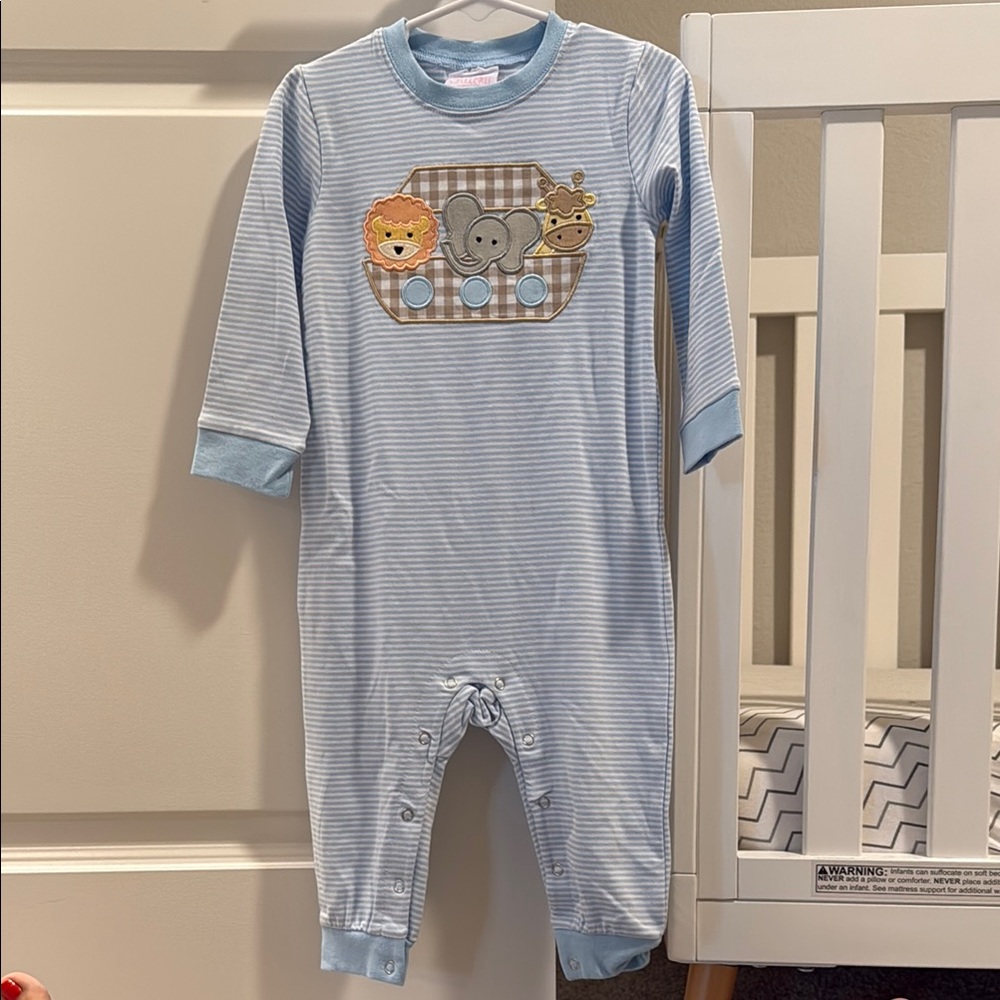 Blue Striped Baby Onesie with Animal Appliqué